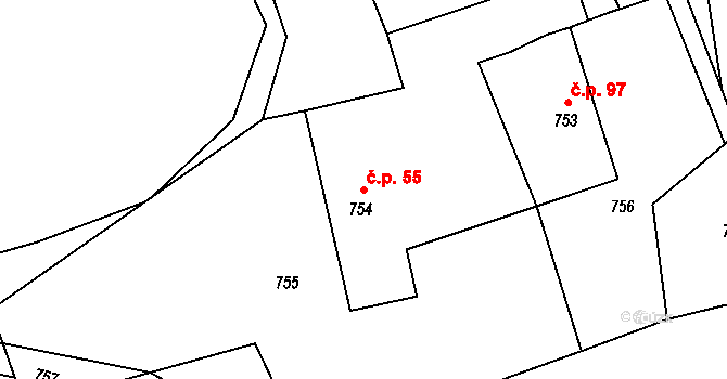 Guntramovice 55, Budišov nad Budišovkou na parcele st. 754 v KÚ Guntramovice, Katastrální mapa