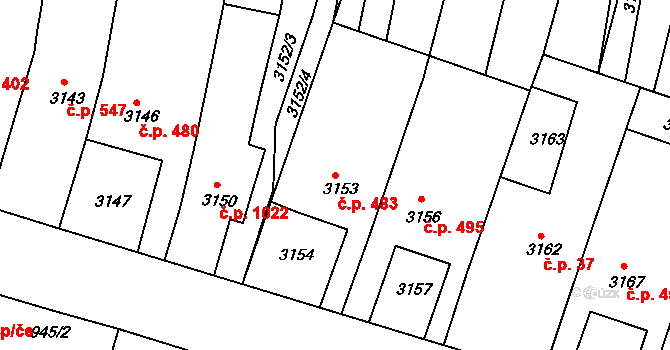 Hluk 483 na parcele st. 3153 v KÚ Hluk, Katastrální mapa