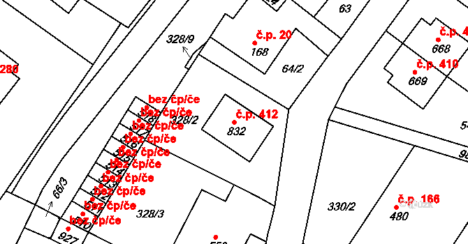 Luže 412 na parcele st. 832 v KÚ Luže, Katastrální mapa
