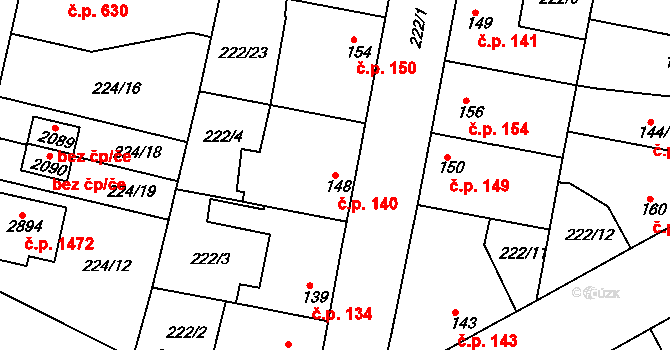 Neratovice 140 na parcele st. 148 v KÚ Neratovice, Katastrální mapa