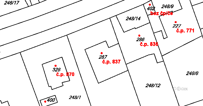 Rudná 837 na parcele st. 287 v KÚ Hořelice, Katastrální mapa