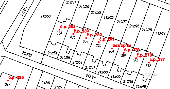 Všeruby 282 na parcele st. 386 v KÚ Všeruby u Plzně, Katastrální mapa