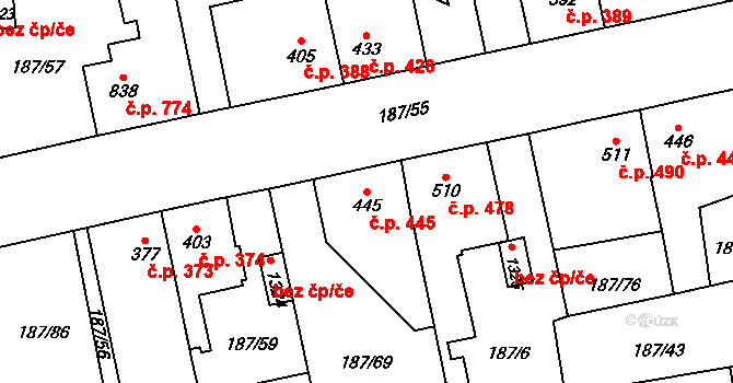 Svítkov 445, Pardubice na parcele st. 445 v KÚ Svítkov, Katastrální mapa