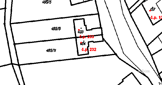 Olšany 232 na parcele st. 404 v KÚ Olšany, Katastrální mapa