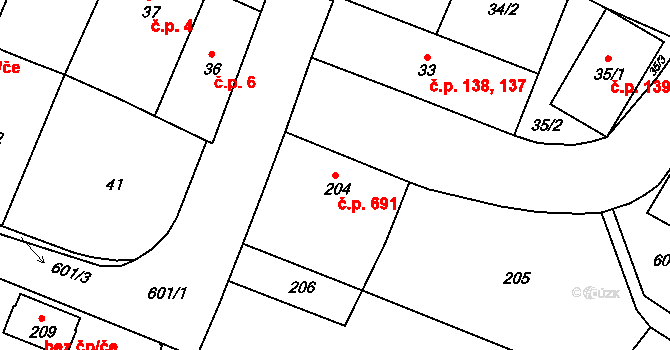 Bílovec 691 na parcele st. 204 v KÚ Bílovec-město, Katastrální mapa