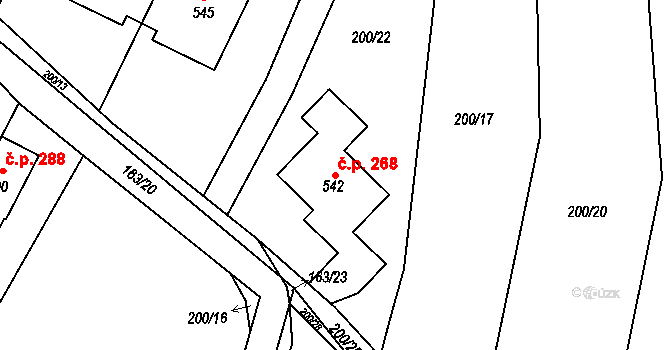 Hostěnice 268 na parcele st. 542 v KÚ Hostěnice, Katastrální mapa