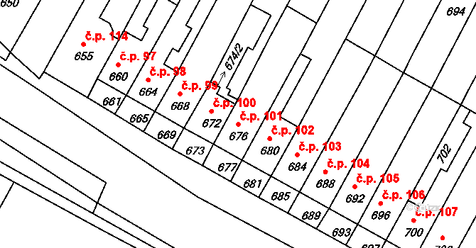 Rychlov 101, Bystřice pod Hostýnem na parcele st. 676 v KÚ Rychlov u Bystřice pod Hostýnem, Katastrální mapa
