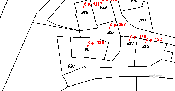 Plumlov 124 na parcele st. 925 v KÚ Plumlov, Katastrální mapa