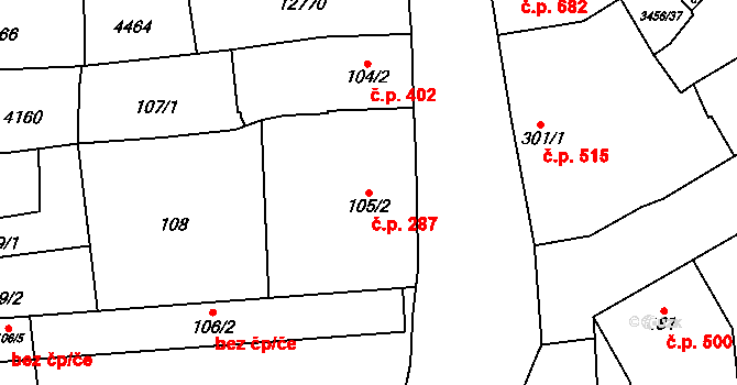 Hrušovany nad Jevišovkou 287 na parcele st. 105/2 v KÚ Hrušovany nad Jevišovkou, Katastrální mapa