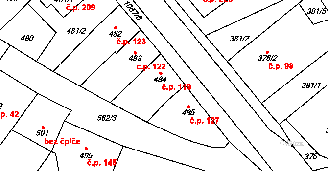 Uhřičice 119 na parcele st. 484 v KÚ Uhřičice, Katastrální mapa