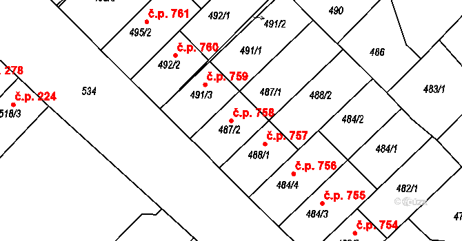 Lužice 758 na parcele st. 487/2 v KÚ Lužice u Hodonína, Katastrální mapa
