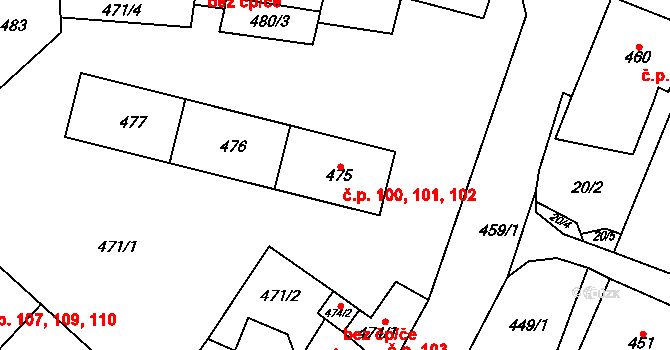 Kynšperk nad Ohří 100,101,102 na parcele st. 475 v KÚ Kynšperk nad Ohří, Katastrální mapa