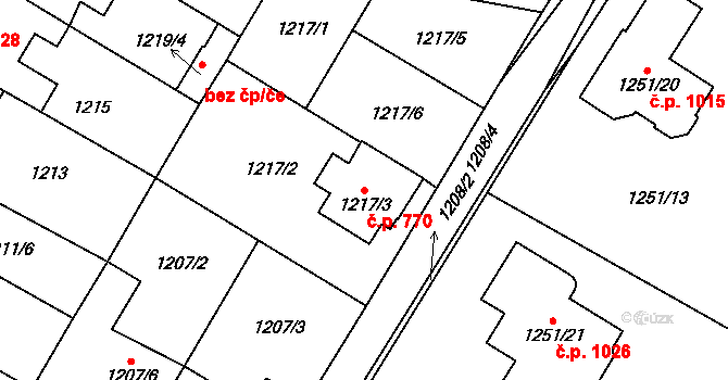 Kosmonosy 770 na parcele st. 1217/3 v KÚ Kosmonosy, Katastrální mapa