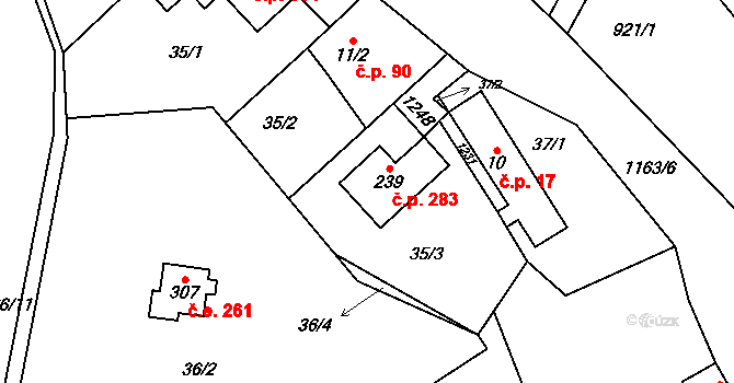 Chvalčov 283 na parcele st. 239 v KÚ Chvalčov, Katastrální mapa