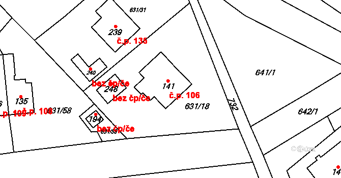 Bouzov 106 na parcele st. 141 v KÚ Bouzov, Katastrální mapa