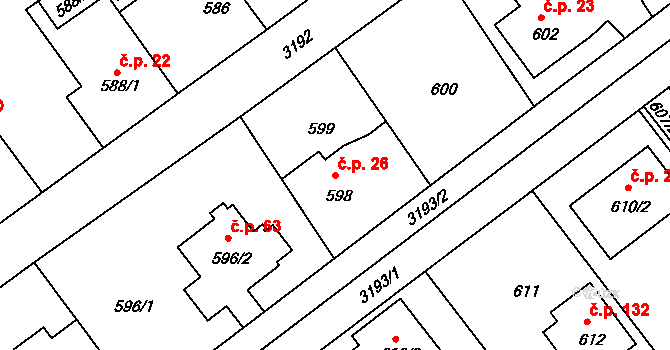 Strkov 26, Planá nad Lužnicí na parcele st. 598 v KÚ Planá nad Lužnicí, Katastrální mapa