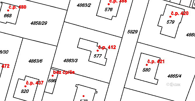 Mohelno 412 na parcele st. 577 v KÚ Mohelno, Katastrální mapa