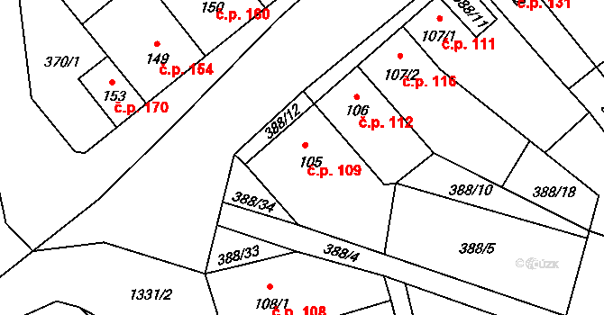 Okříšky 109 na parcele st. 105 v KÚ Okříšky, Katastrální mapa