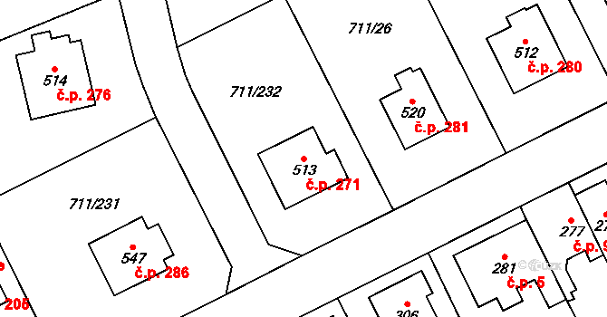 Daliměřice 271, Turnov na parcele st. 513 v KÚ Daliměřice, Katastrální mapa