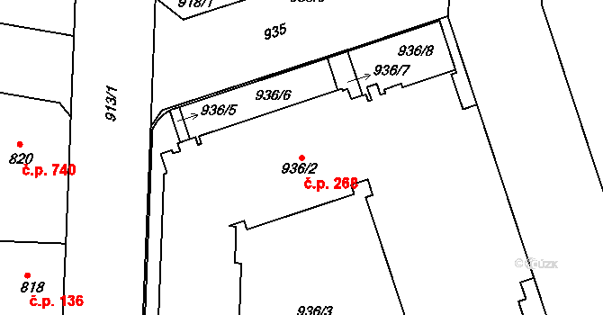 Žižkov 268, Praha na parcele st. 936/2 v KÚ Žižkov, Katastrální mapa