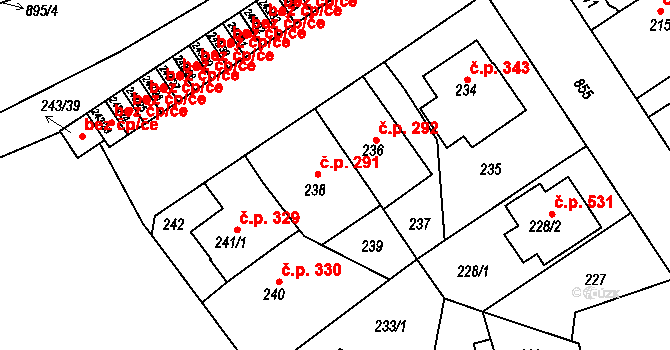 Doudlevce 291, Plzeň na parcele st. 238 v KÚ Doudlevce, Katastrální mapa