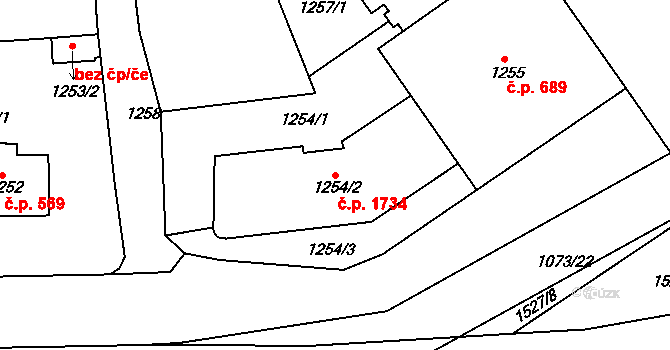 Roztoky 1734 na parcele st. 1254/2 v KÚ Roztoky u Prahy, Katastrální mapa