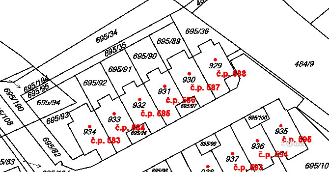 Kryry 586 na parcele st. 931 v KÚ Kryry, Katastrální mapa