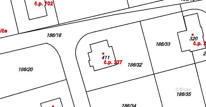 Chýně 227 na parcele st. 411 v KÚ Chýně, Katastrální mapa