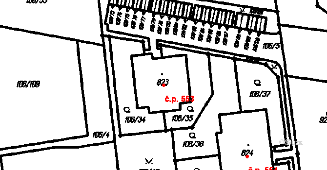 Vestec 553 na parcele st. 823 v KÚ Vestec u Prahy, Katastrální mapa