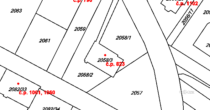 Jemnice 823 na parcele st. 2058/3 v KÚ Jemnice, Katastrální mapa