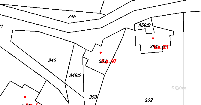 Horní Chřibská 97, Chřibská na parcele st. 351 v KÚ Horní Chřibská, Katastrální mapa