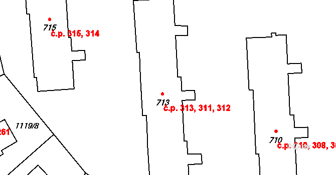 Příluky 311,312,313, Zlín na parcele st. 713 v KÚ Příluky u Zlína, Katastrální mapa