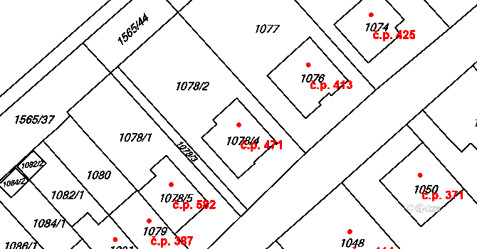 Štípa 471, Zlín na parcele st. 1078/4 v KÚ Štípa, Katastrální mapa