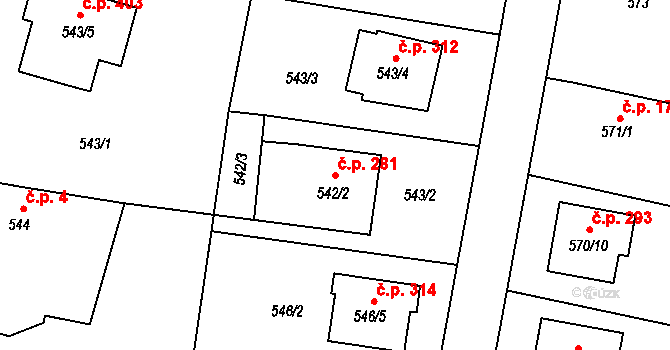 Malé Hoštice 281, Opava na parcele st. 542/2 v KÚ Malé Hoštice, Katastrální mapa