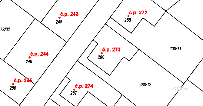 Zaječice 273 na parcele st. 286 v KÚ Zaječice u Chrudimi, Katastrální mapa