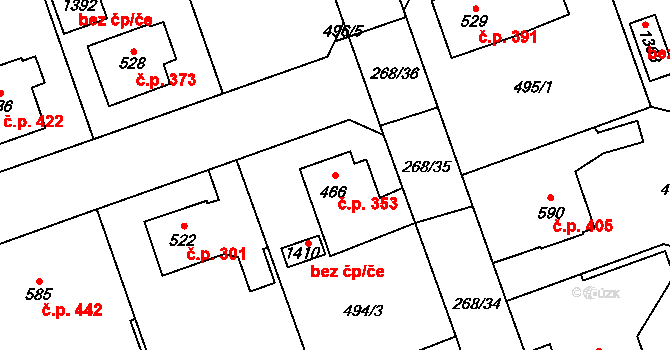 Horní Bříza 353 na parcele st. 466 v KÚ Horní Bříza, Katastrální mapa