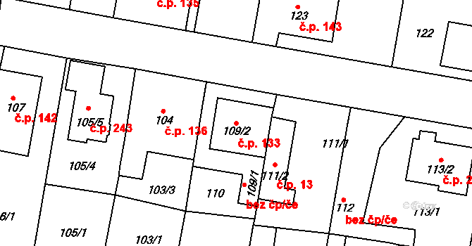 Jinočany 133 na parcele st. 109/2 v KÚ Jinočany, Katastrální mapa