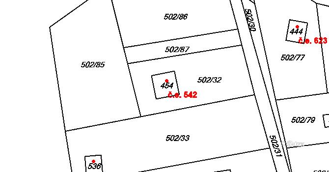 Solopisky 542, Třebotov na parcele st. 454 v KÚ Třebotov, Katastrální mapa