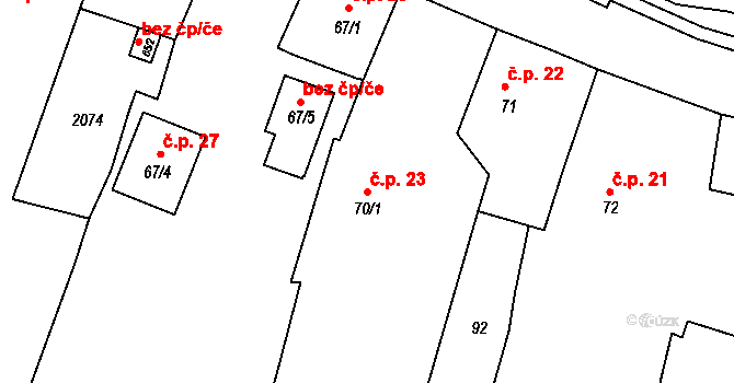 Tlumačov 23 na parcele st. 70/1 v KÚ Tlumačov u Domažlic, Katastrální mapa