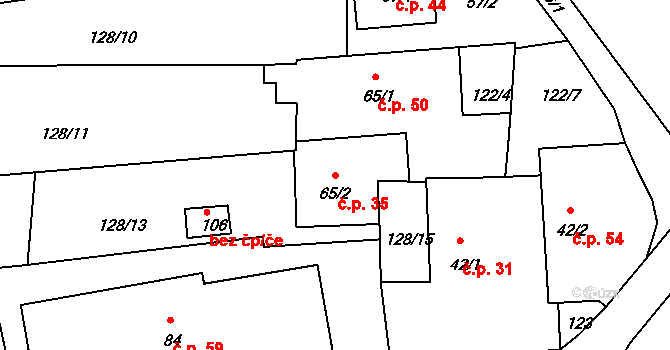 Bušanovice 35 na parcele st. 65/2 v KÚ Bušanovice, Katastrální mapa