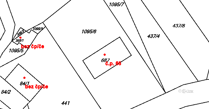 Vlkančice 66 na parcele st. 687 v KÚ Vlkančice, Katastrální mapa