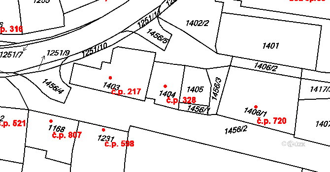 Klobouky u Brna 328 na parcele st. 1404 v KÚ Klobouky u Brna, Katastrální mapa