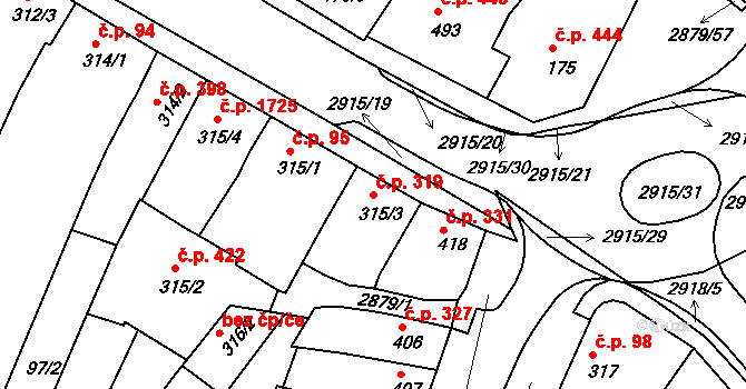 Bystřice pod Hostýnem 319 na parcele st. 315/3 v KÚ Bystřice pod Hostýnem, Katastrální mapa