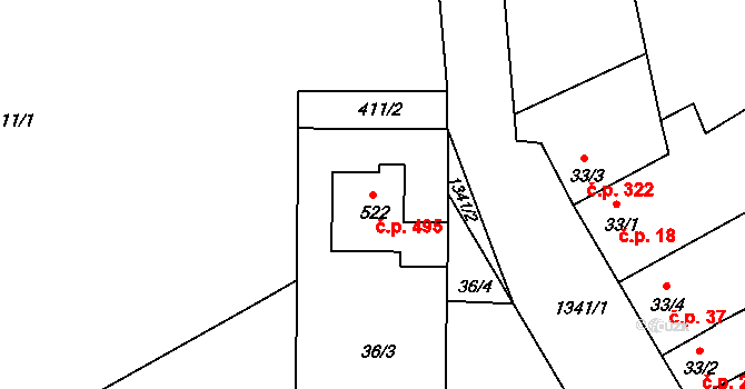 Smržice 495 na parcele st. 522 v KÚ Smržice, Katastrální mapa