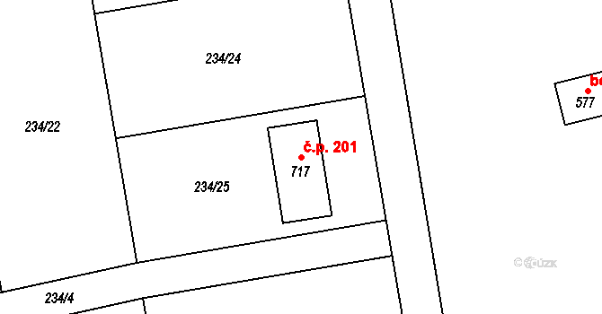 Klimentov 201, Velká Hleďsebe na parcele st. 717 v KÚ Klimentov, Katastrální mapa