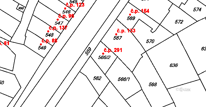 Rousínov 291 na parcele st. 566/2 v KÚ Rousínov u Vyškova, Katastrální mapa