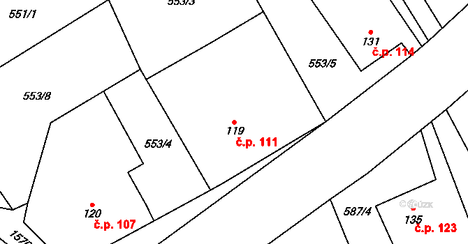 Lásenice 111 na parcele st. 119 v KÚ Lásenice, Katastrální mapa