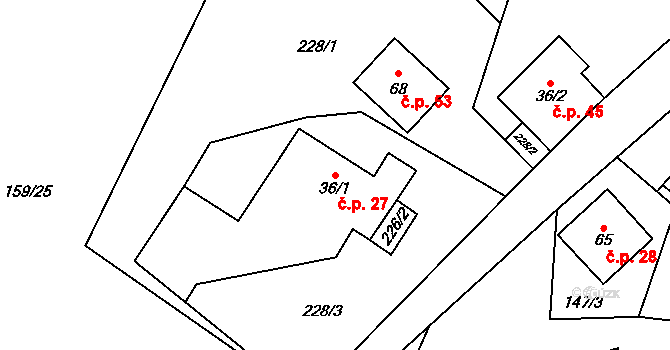 Želechy 27, Lomnice nad Popelkou na parcele st. 36/1 v KÚ Želechy, Katastrální mapa