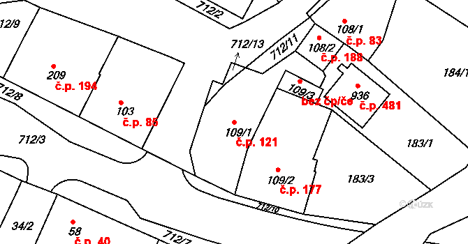 Smiřice 121 na parcele st. 109/1 v KÚ Smiřice, Katastrální mapa