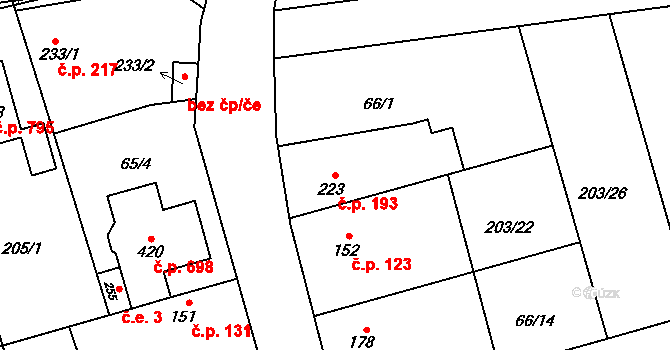 Bohuňovice 193 na parcele st. 223 v KÚ Bohuňovice, Katastrální mapa